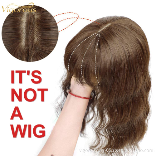 Women Clip In Extensions 4x5inch Topper Hairpiece Invisible Replacement Seamless Synthetic Hair Water Ripple Hair with Air Bangs